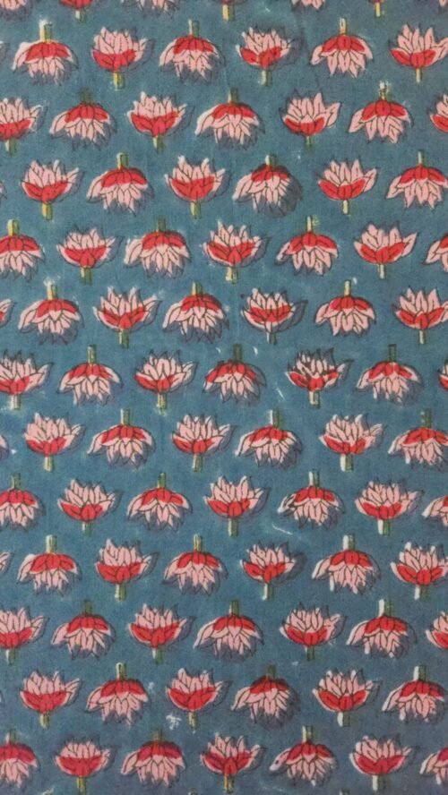 Block Print Artisanal Indien - Bleu Gris Bourgeons Fleurs Rouge – Image 3