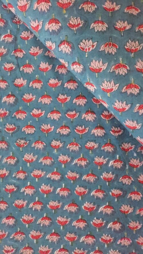 Block Print Artisanal Indien - Bleu Gris Bourgeons Fleurs Rouge – Image 2