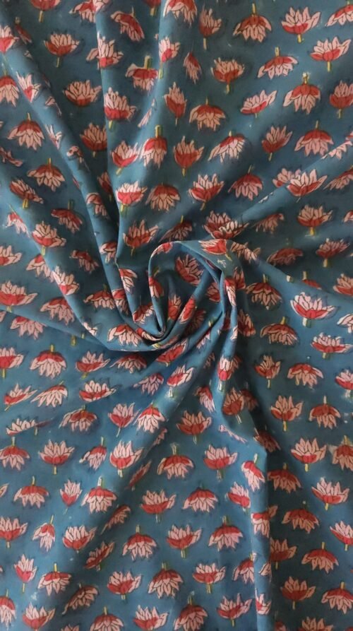 Block Print Artisanal Indien - Bleu Gris Bourgeons Fleurs Rouge