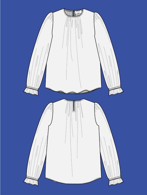 Illustration du patron blouse femme Ruby vue de face – version manches ballon courtes