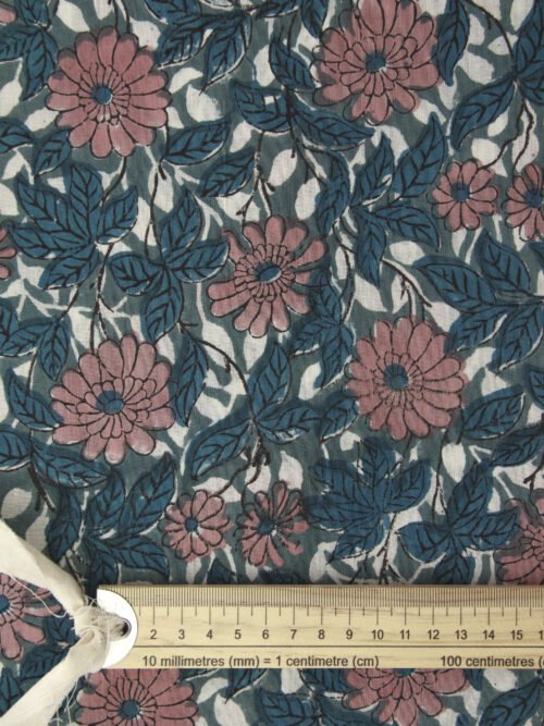 Block Print Indien - Calendula Rose antique et feuillages Bleu Vert – Image 4