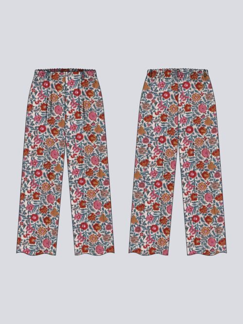 Tissu block print jardin de fleur – kit couture pantalon Nomad