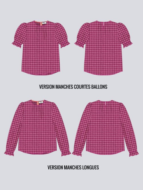 Dessin technique patron blouse Ruby avec seersucker vichy