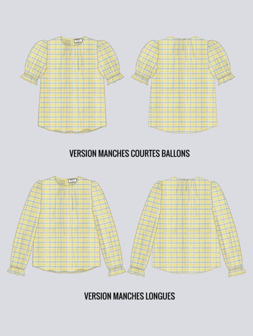 Dessin technique patron blouse Ruby avec popeline vichy