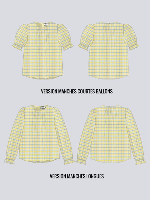 Dessin technique patron blouse Ruby avec popeline vichy