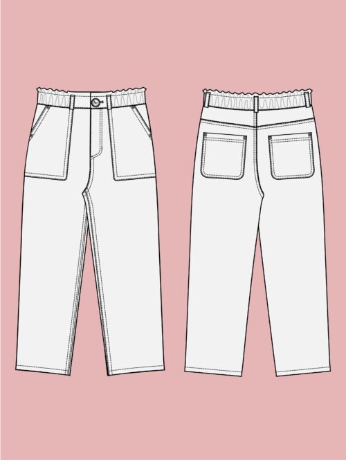 Illustration technique du patron pantalon Shelby – vue de face et dos
