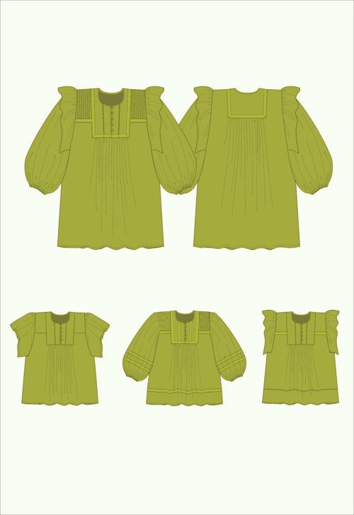Déclinaisons Maggie : robe & blouse baby-doll, plastron modulable, 3 manches — patron robe/blouse femme