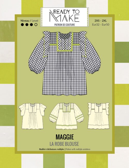 Pochette du patron couture robe-blouse femme Maggie, style baby-doll, plastron modulable (dentelle/découpes), trois manches au choix