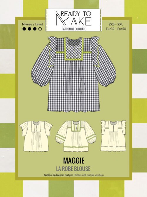 Pochette du patron couture robe-blouse femme Maggie, style baby-doll, plastron modulable (dentelle/découpes), trois manches au choix