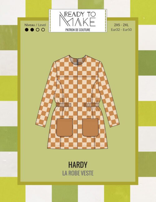 Pochette du patron couture robe femme Hardy, style rétro, découpes princesse, taille élastiquée, mini ou mi-cuisse, 2 manches, version veste (niv. 3)