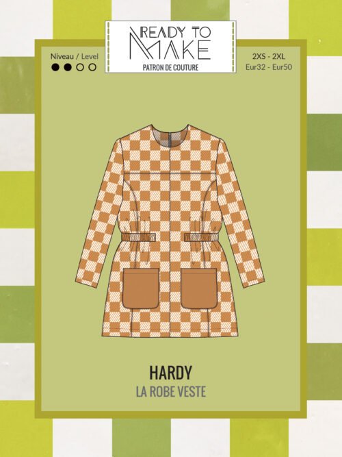 Pochette du patron couture robe femme Hardy, style rétro, découpes princesse, taille élastiquée, mini ou mi-cuisse, 2 manches, version veste (niv. 3)