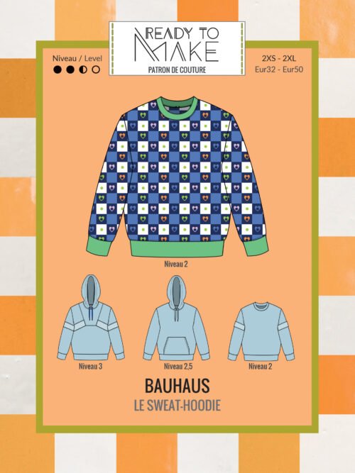 Pochette du patron couture sweat femme Bauhaus, col rond ou capuche, poche kangourou en option