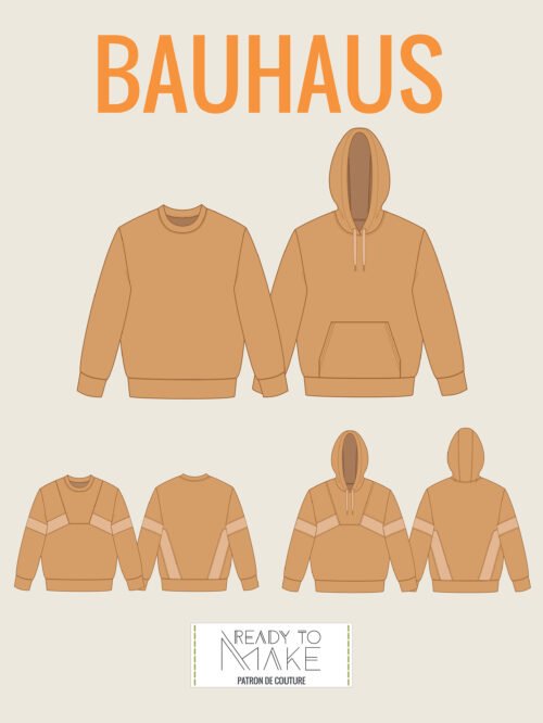 Planche technique du patron couture sweat femme Bauhaus présentant les versions col rond, capuche et découpes graphiques.