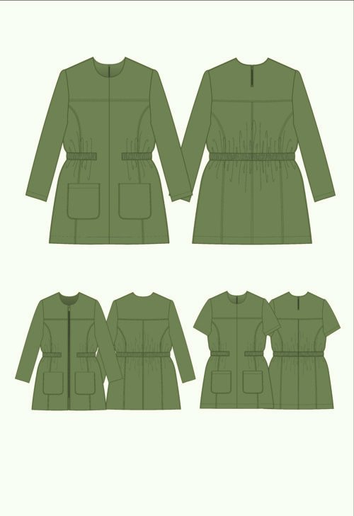 Dessin technique Hardy (devant/dos) : découpes princesse, taille élastiquée, version robe & option veste