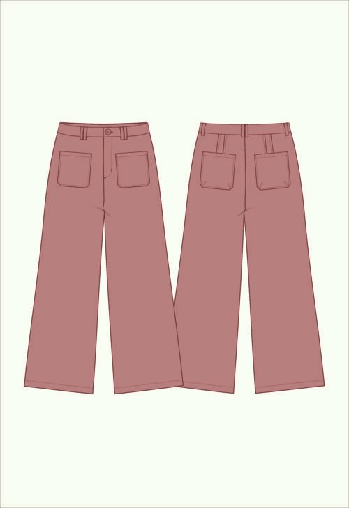 Pantalon Wilde, dessin technique : wide leg, poches plaquées, pinces, ceinture avec passants.