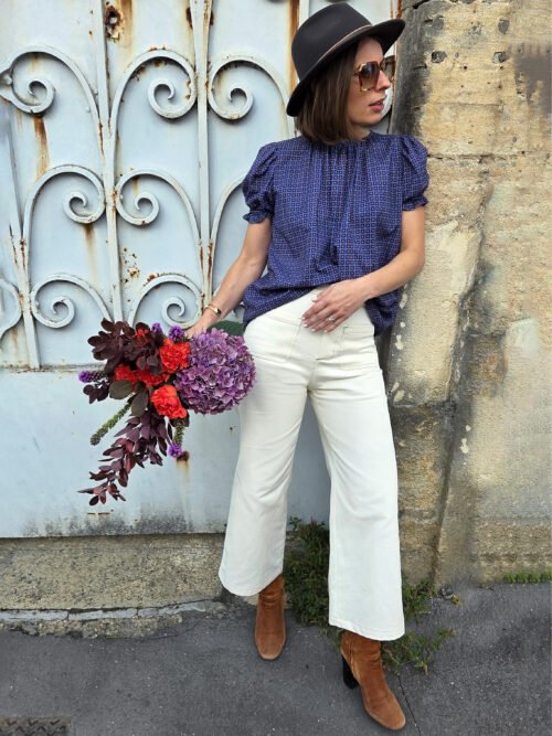 Pantalon Wilde plein pied face : coupe wide, 4 poches plaquées, ceinture à passants